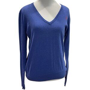 Polo Ralph Lauren Sweater Womens M Pullover V Neck Blue Long Sleeve Tight Knit